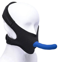 Side view of black face harness with blue silicone dildo mounted on white mannequin head
