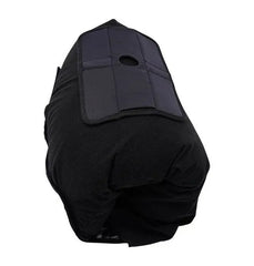 Side view of black pillow protector showing multi-pocket attachment panel with centre opening