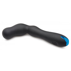 Side view of black silicone prostate vibrator laying flat, highlighting beaded shaft and control button