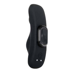 Side view of black silicone undie vibe showing magnetic clip attachment and power button