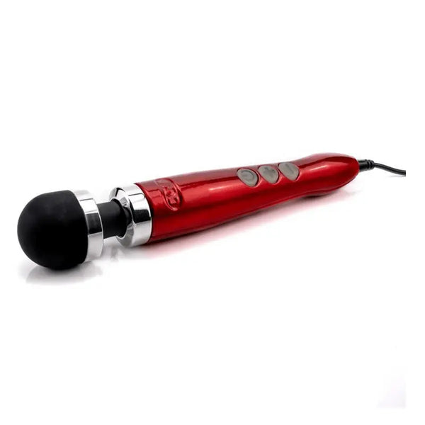 Side view of candy red Doxy Die Cast 3 Wand lying flat, highlighting chrome collar and tapered handle