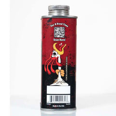 Side of Cock Oil tin featuring rooster mascot illustration and QR code on distressed red label