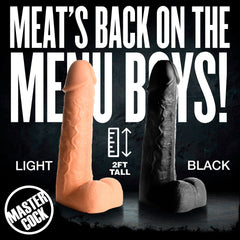 Side-by-side comparison of Moby Super Dildo in light and black colorways, both 2ft tall