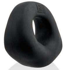 Side-elevated view of black Fit Bulge cockring highlighting thick puffer walls