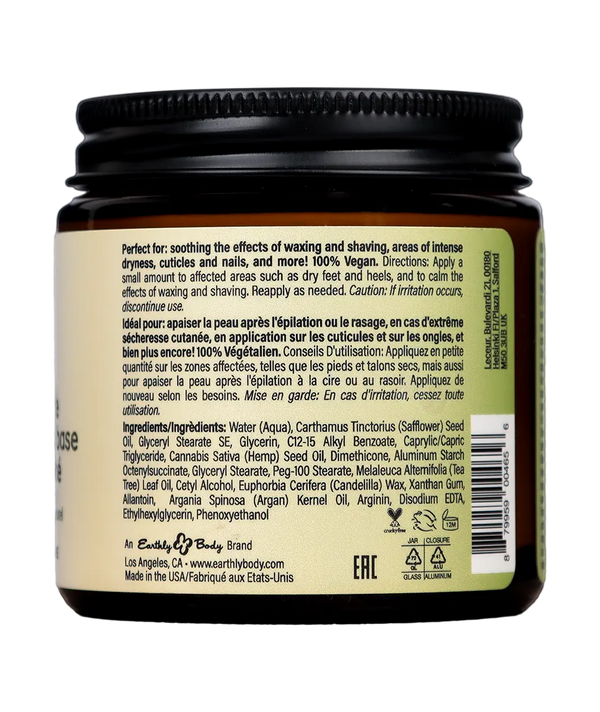Side label listing vegan ingredients and directions for dry skin and post-shaving care