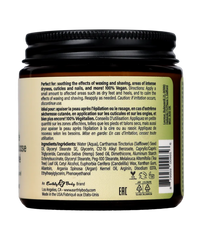 Side label listing vegan ingredients and directions for dry skin and post-shaving care