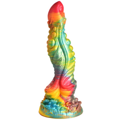Side view of the Majestic Merman Dildo showing rainbow swirl silicone and textured shaft