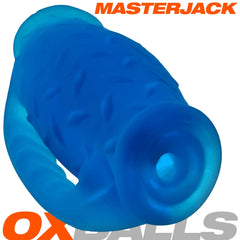 Side view of Masterjack blue silicone stroker revealing ribbed outer grip surface