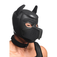 Side close-up of neoprene puppy hood from Full Pup Arsenal Set showing mesh muzzle and ear detail