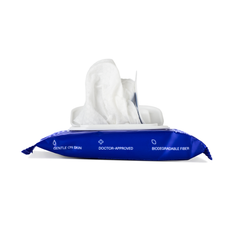 Side view of open Dame Body Wipes pack with soft white wipes fanning out from the flip-top lid