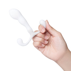 Side view of P-Spot Slim X held in hand, highlighting angled insertable shaft and arm design