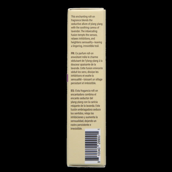 Side panel of At Night roll-on perfume box with English, French, and Spanish product description