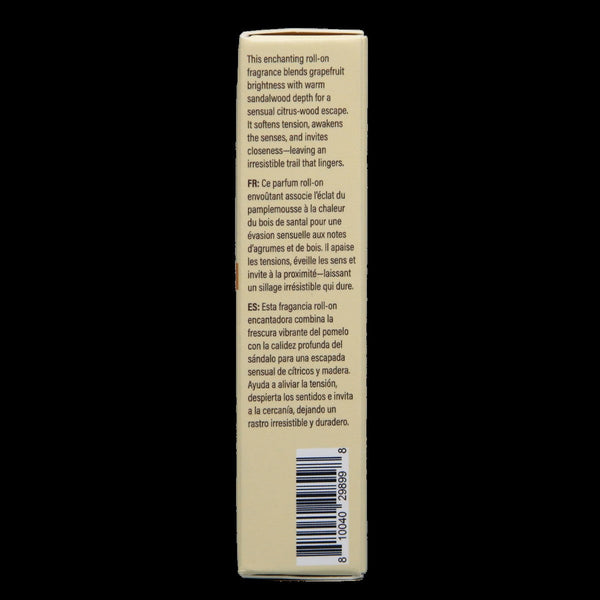 Side panel of roll-on perfume box with English, French, and Spanish fragrance descriptions