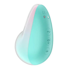 Side panel of Satisfyer Pixie Dust showing three control buttons and LED indicator on mint silicone
