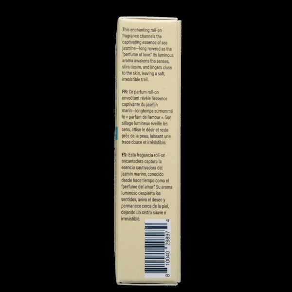 Side panel of Sea Jasmine roll-on box with English, French, and Spanish fragrance description