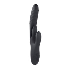 Side view of Playboy Rapid Rabbit displaying ribbed shaft detail and clitoral arm with textured nubs