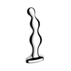 Close-up side view of polished chrome anal beads highlighting smooth beaded shaft detail