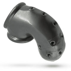 Side profile of Airlock chastity device showing rubbery textured surface and curved form
