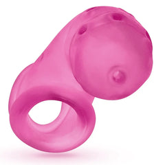 Side profile of Airlock pink chastity cage showing sling ring attachment and rounded tip