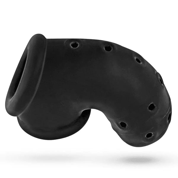 Side profile of Airlock ventilated chastity cage displaying curved sling-based silhouette in black