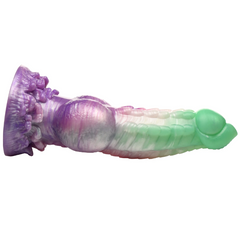 Side profile of Aqua Phoenix Dildo displaying dual-bulb body and scale-textured green-tipped shaft