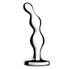 Side profile of b-Vibe weighted metal anal beads showing curved, tapered bead shape