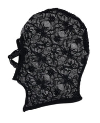 Side profile of black floral lace hood showing full-coverage fit and adjustable buckle strap detail
