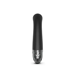 Side profile of black Mystim eStim vibrator highlighting curved silicone shaft design