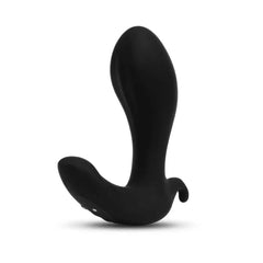 Side profile of black silicone b-Vibe Expand Plug showing curved neck and base wing