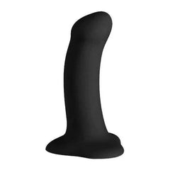 Side profile of black silicone dildo showing full body curve and flared base detail