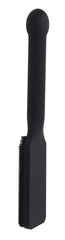 Side profile of black silicone paddle showing fine bristle texture along paddle edge