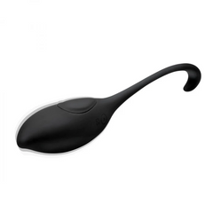 Side profile of black silicone vibrating egg with curved retrieval cord and charging port