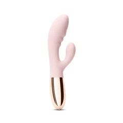 Side profile of Blend rabbit vibrator highlighting curved silicone shaft and rose gold base