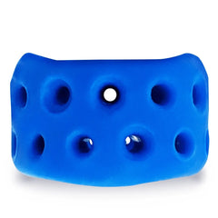 Side profile of blue Airballs ball stretcher highlighting deep vent-hole texture