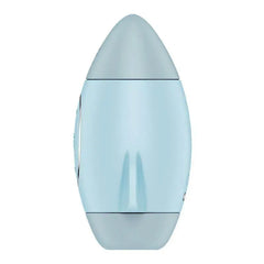 Side profile of blue Mission Control vibrator revealing its rocket-inspired curved shape
