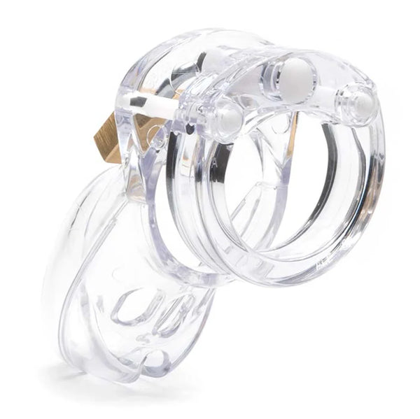 Side profile of CB-3000 clear cock cage displaying curved cage body and ring assembly