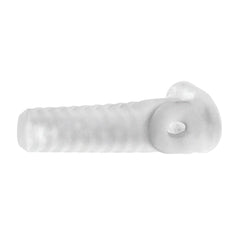 Side profile of clear ribbed penis sleeve with cushioned base ring detail visible
