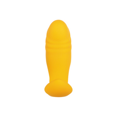 Side profile of Creamsicle Vibe revealing smooth tapered tip and suction-cup base in soft yellow silicone