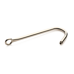 Side profile of the curved stainless steel anal hook with ring end and threaded tip, no plug attached