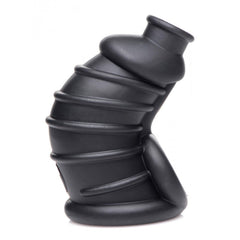 Side profile of Dark Chamber chastity cage highlighting curved ribbed silicone body design