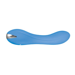 Side profile of Evolved Blue Crush vibrator highlighting curved shape and silver charging port