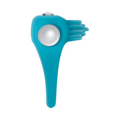 Side profile of the Evolved Novelties teal cock ring showing button control and finger-like tines