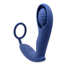 Side profile of the Extra Mile prostate massager showing curved shaft and textured stimulator hood