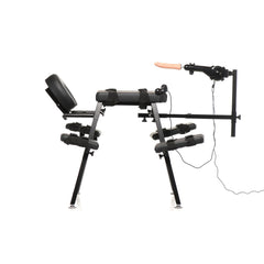 Side profile of full bench setup showing padded chest support, leg rests, and extended machine arm