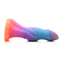 Side profile of the Galactic Cock dildo lying flat, showing tapered tip and heavily textured shaft