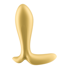 Side profile of gold anal plug vibrator highlighting curved body and flared safety base design
