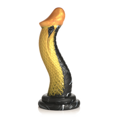 Side profile of Golden Mamba dildo showing S-curve body, gold scale texture, and marbled black base