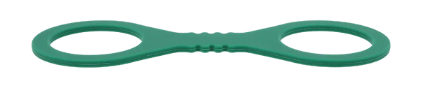 Side profile of green silicone wrist cuffs showing slim, flexible figure-eight form factor