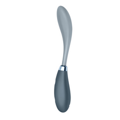 Side profile of grey silicone G-spot vibrator with chrome accent ring at handle join