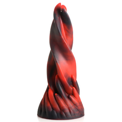 Side profile of Hell Kiss dildo showing full twisted tongue spiral design in red and black silicone